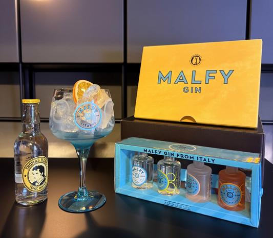 Malfy Gin Gift Set – 4x50ml Miniatures + 2 Glasses + 4x Thomas Henry Tonic Water